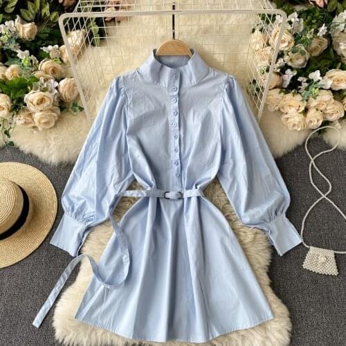 2021 New Spring Summer Solid Shirt Dress for Women Stand Collar Lantern Sleeve Single-breasted Slim Tie Up Short Dresses Robe