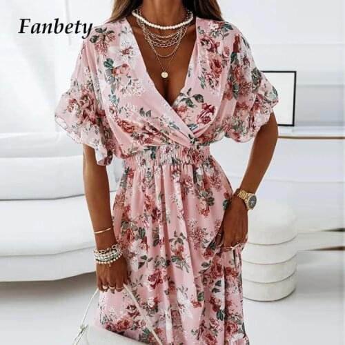 Autumn Spring Floral Printed Office Lady Midi Dress Elegant V-Neck Shorts Sleeve A-Line Dresses Women Casual Elastic Waist Dress
