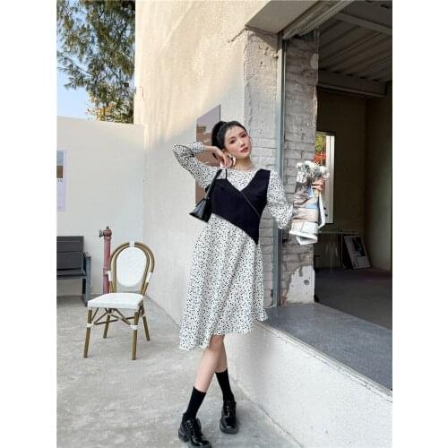 2021 Spring New Irregular Color Contrast Color Chiffon Floral Patchwork Long Sleeves Elegant Chic Casual Long Dresses