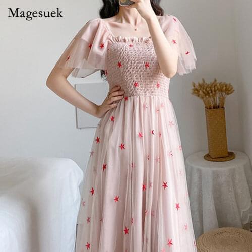 Vestido 2021 Summer Dresses Women Vintage Embroidered Pink Bodycon Dress Elegant Butterfly Sleeve Lace Mesh Dress Women 10122