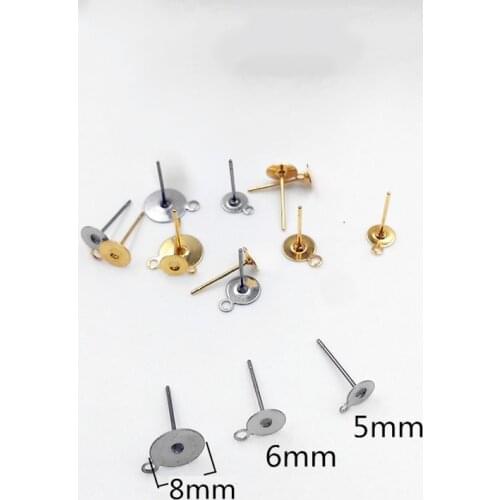 20Pcs Surgical Stainless Steel Gold Silver Tone Flat Pad with Loop Earring Stud Post Blank 5mm 6mm 8mm Earring Findings Supplier