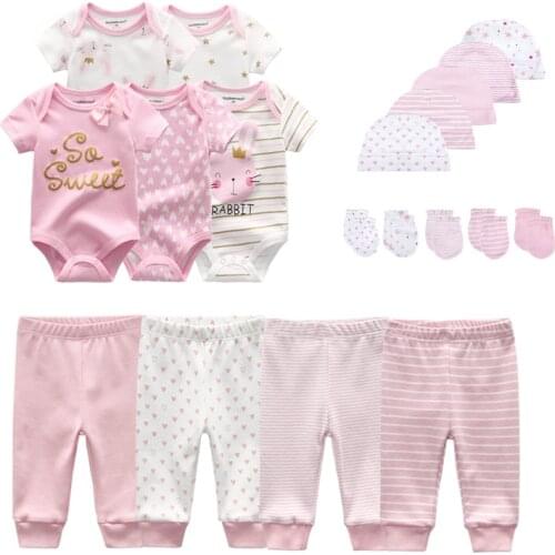 Newborn Solid Unisex Baby Boy Clothes Sets Cotton Bodysuits+Pants+Hats+Gloves Baby Girl Clothes Summer Short Sleeve Ropa bebe