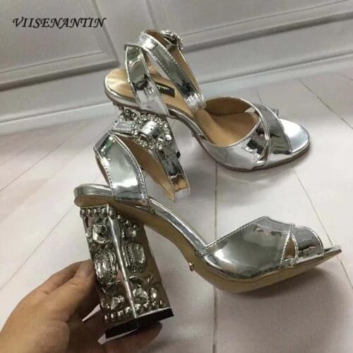 Summer new arrival gemstone rhinestone rhombus thick heel sandals gold rivet belt buckle high heel sandals