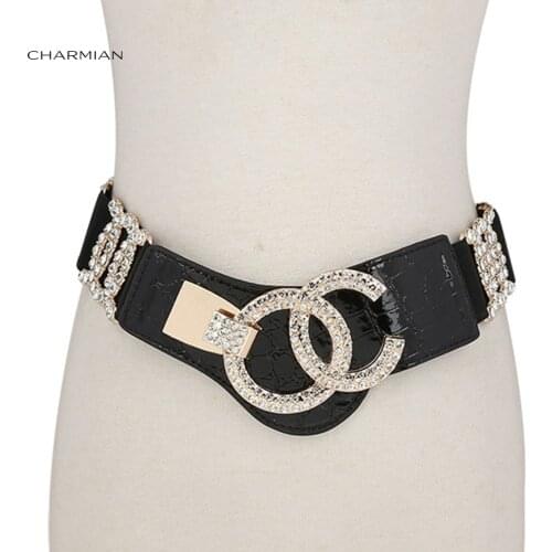 Charmian Deluxe Rhinestone Elastic Waist Cincher Belt with Golden Alloy Buckle Waist Belt