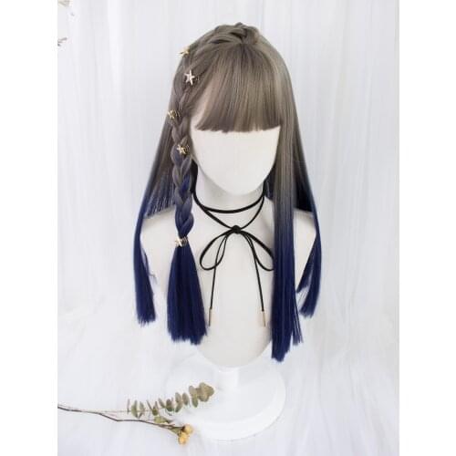 Gradual Linen Blue Lolita Wig JK Harajuku Fairy Long Straight Sweet Bangs Creamy Girls Cosplay Synthetic Hair