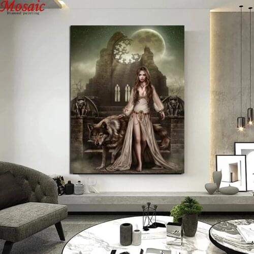 Full Drill Square Diamond Painting Vampire Woman and Ferocious Wolf 5D Gothic Embroidery Diamond Cross Stitch Home Decor Ar