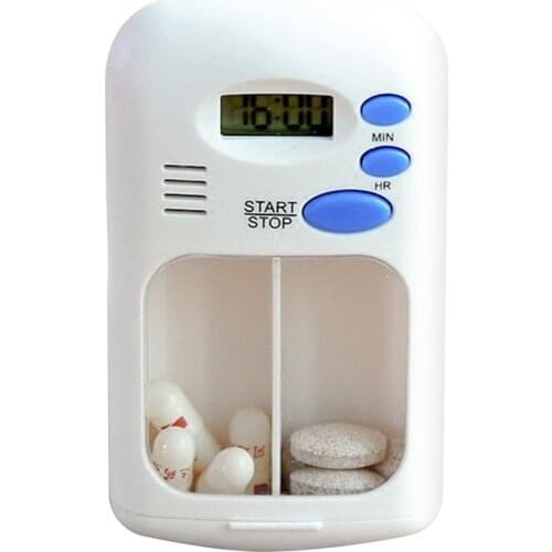 Pill Box Timer LCD Digital Electric Alarm Medicine Pill Case 2 Grids White Color 2 Drawers Divided Plus Memory Fits Large Pills