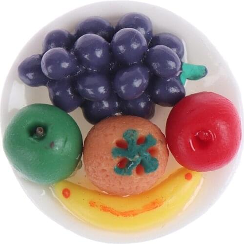 1/12 Miniature Simulation Food Fresh Fruit Platter Grape Pear Orange Peach White Dish Dollhouse Kitchen Toys Accessories