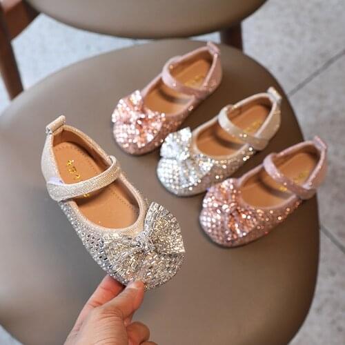 2021Summer New Fashion Baby Girls Princess Glitter Leather Shoes Childrens Diamond Sequin Shoes Kids bowknot Flats Size 21-30