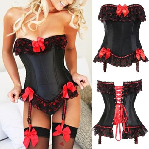Sexy Steampunk Overbust Bustier Corset Waist Trainer Brocade Corset Jacquard Overbust Gothic Satin Lace up Suspenders G String