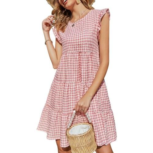 2021 Summer Dress Women Plaid Ruffles Sleeveless Dresses Casual Round Neck Female Beach Party Loose A-Line Midi Dress