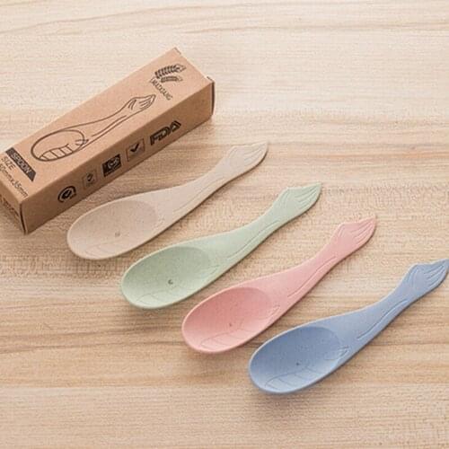 Colorful Safe Spoon Food Grade Baby Wheat Straw Spoon Anti-Skid Handle Learning Tableware Children Dishes With Box 4 Pcs/Set