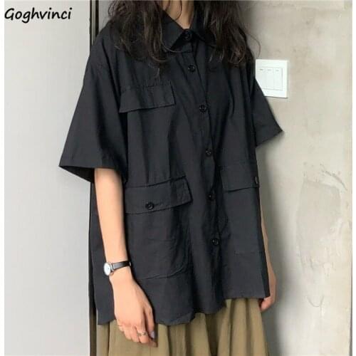Shirts Women Pockets Short Sleeve Shirt Womens Harajuku BF Tops Ladies Chic Student Solid Retro Ins All-match Casual Clothing