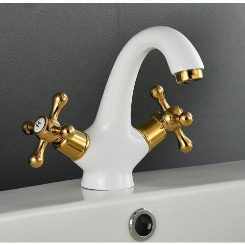 Bathroom Basin Faucet White Gold Solid Brass Faucet Sink Mixer Tap Hot and Cold Double Handle Basin Lavtory Faucet