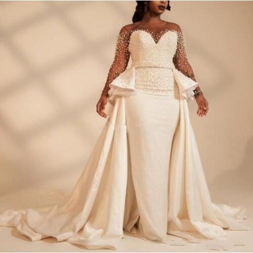 African Mermaid Wedding Dresses Removable Train Sheer Neck Long Sleeve Sweep Train Garden Country Chapel Bridal Gowns
