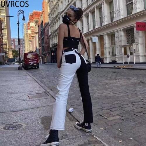UVRCOS Streetwear Patchwork Y2K Pants Women Hipster Sweatpants Joggers High Waist Wide Leg Pants Casual Pockets Trousers Female