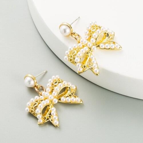 Korean Bow elegant Imitation Pearl dROP Earrings 2020 Rhinestone Bowknot Pearl fashion Party Earrings For Women Best Party Gift