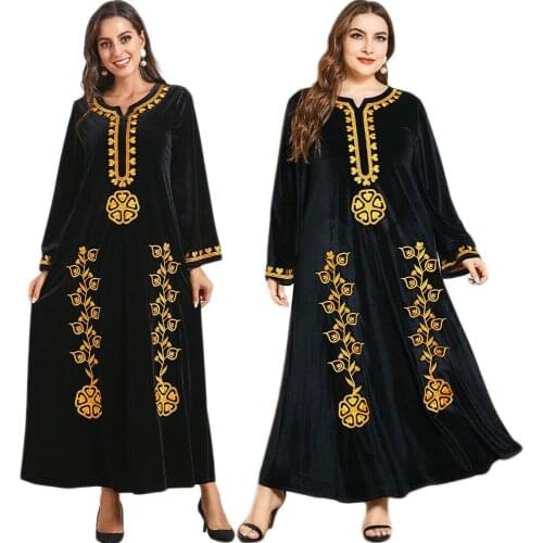 Velvet Dress for Women Winter Black Ethnic Embroidery Long Sleeve Arabic Turkey Muslim Clothing Loose Abaya Kaftan Plus Size New