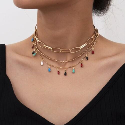Vintage Multilayer Thick Chains Colorful Water Drops Choker Necklace for Women Punk Geometric Clavicle Necklace Pendant Jewelry
