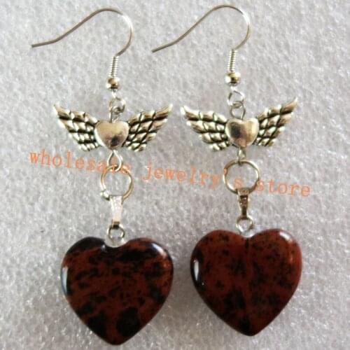Yuteng A Pair of 20x18x7mm Mahogany Obsidian Heart & Tibet Wing Earrings PL13