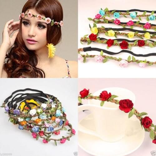 Women Girl Bohemian Rose Flower Headband Elastic Wedding Garland Forehead Wedding Hair Head Band Wreath