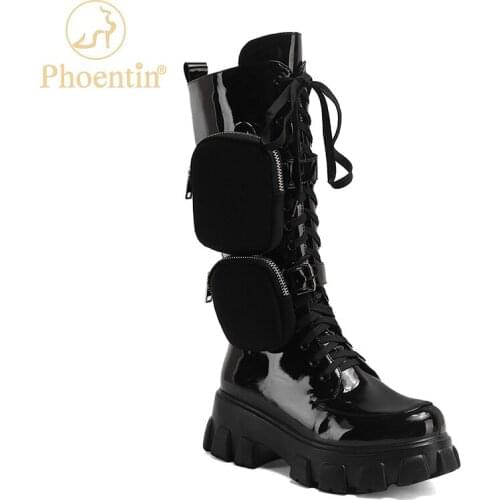 Phoentin Trend 2020 Chunky Boots Women With Pocket Mid-Calf Boots Lace Up Platform Zip Motorcycle Booties Brand Shoes FT1140