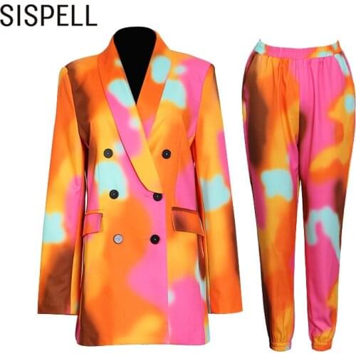 SISPELL Tie Dye Ombre Womens Suit Lapel Collar Long Sleeve Coat With High Waist Pants Casual Two Piece Set Women Fashion 2021