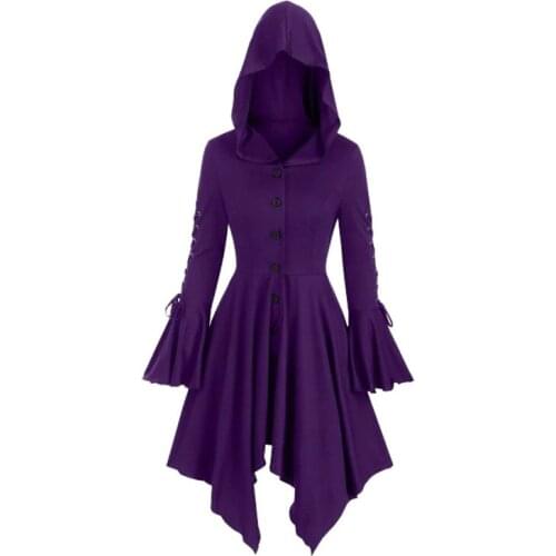 Womens Trench Coat Vintage Long Hooded Capes Long Sleeve Irregular Hem Halloween Cosplay Punk Costume Female Gothic Clothing