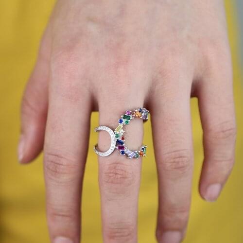 2019 new arrived fashion baguette rainbow cz ring silver color sparking bling colorful stone trendy ring jewelry for women