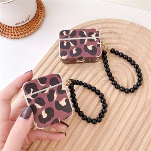 Leopard Texture Leather Protection Case for Airpods 1 2 Case for Airpod Pro Cover with Luxury Black Pearl Style Bracelet