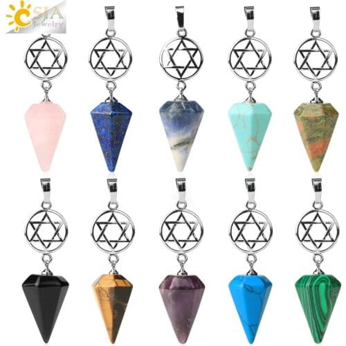 CSJA Cone Natural Pendants Quartz Star Of David Crystal Pendant for Necklace Jewelry Making Silver Color OM Charms Chakra G766