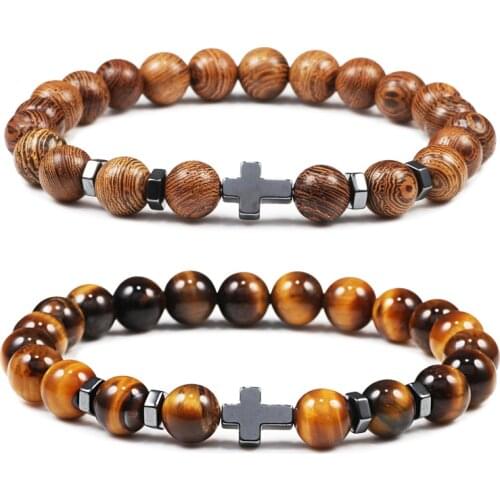 Prayer Men Natural Stone Wood Beads Rosary Hematite Cross Bracelets Onyx Meditation Bracelet Women Yoga Jewelry Homme Pulsera