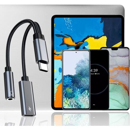 Converter Cable Multifunctional Noise Reduction Braided 2 in 1 Type-C to 3.5mm PD60W Aux Audio Splitter for Smartphone
