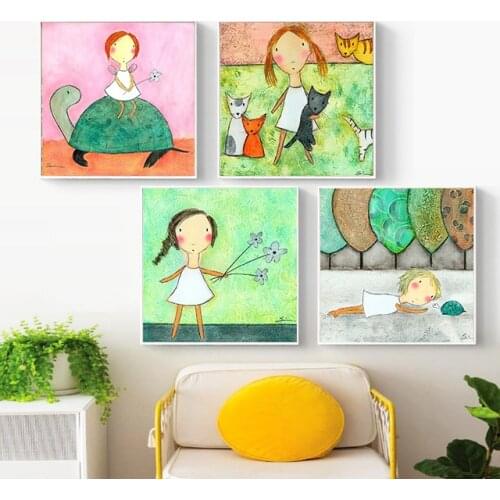 Cute Cartoon Girl and Game Print Home Decor Wall Art Canvas Painting Drawing Poster Watercolor Beauty Picture for Girl Bedroom