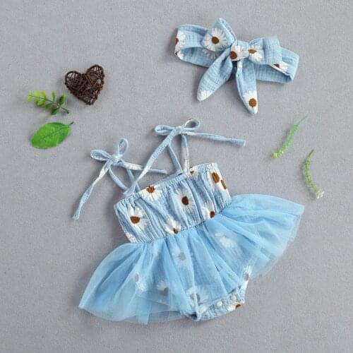 Baby Girl’s Lace-Up Suspender Romper Fresh Daisy Printing Mesh Sleeveless Yarn Jumpsuits Headband 2Pcs Set 0-18Months