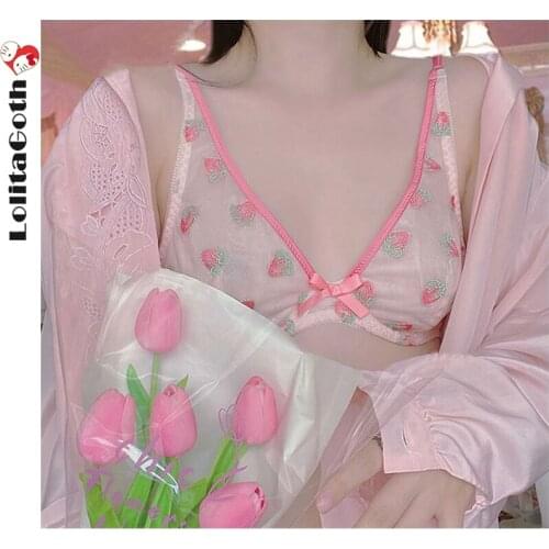 LolitaGoth Sexy Strawberry Lingerie Set Womens Underwear Transparent Bra Party Sets Lace Pink Lingerie Bra Set Thin Crop Top