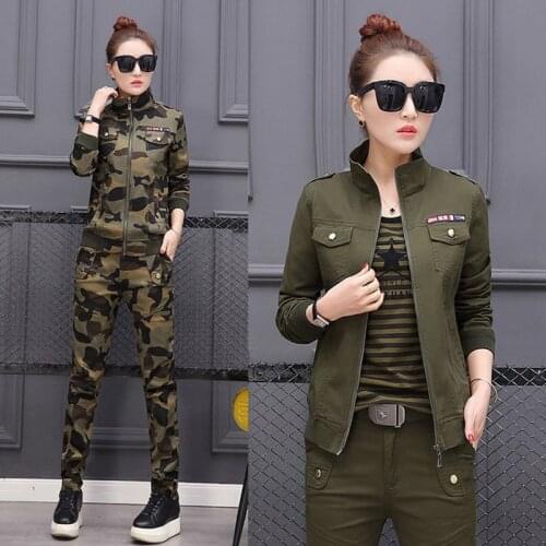Plus Size 5XL Women Costume Spring Cotton Military Camouflage Two Piece Set Top and Pants 2XL 3XL 4XL Womens Suit