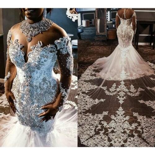 Lace Mermaid Wedding Dresses 2021 Tulle Lace Applique Beaded Crystals Long Sleeves Wedding Bridal Gowns detachable train
