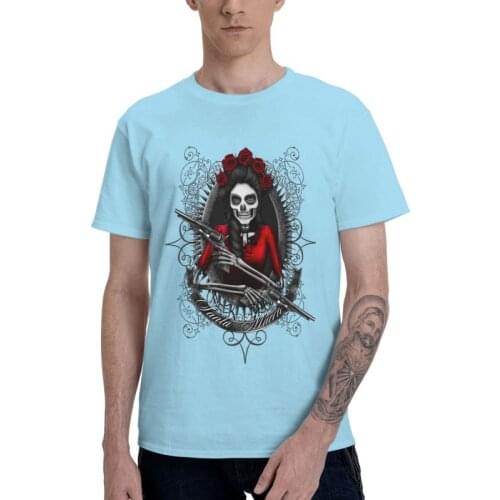 Male Santa Muerte Skull T-Shirt Graphic Saint Death Dead Inspired Guns Flower Mexican Skull Short Sleeve Cotton T Shirt Tee
