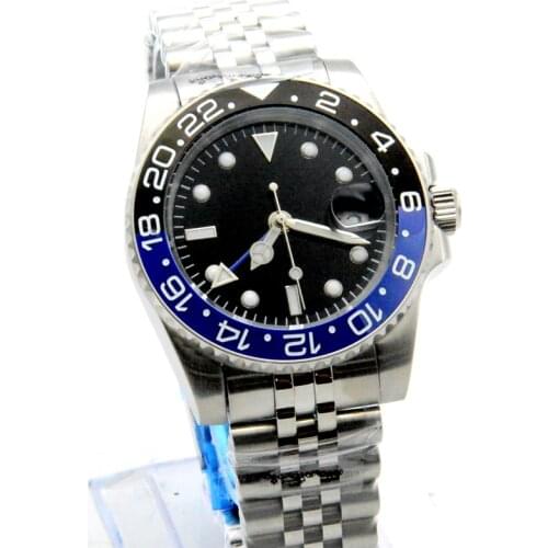 40mm Black Dial Luminous Date GMT Automatic Mens Watch Mechanical Clock Jubilee Strap