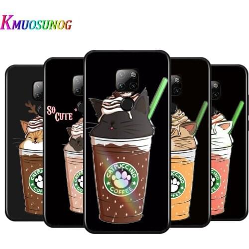 Cute Cat With Coffee For Huawei Mate 10 20 20X(5G) 30 40 40RS Nova5i PRO Lite Plus Black Soft Phone Case