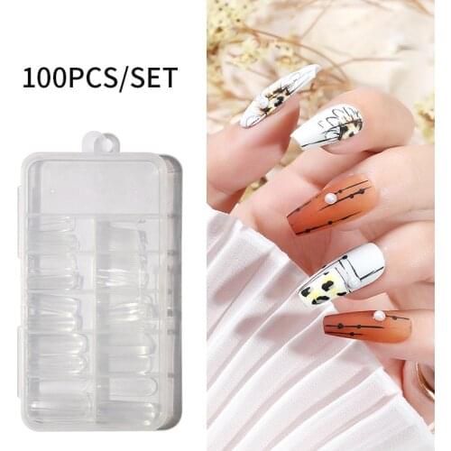 100Pcs/box False Nail Tips Transparent Seamless Full Coverage Fake Nails Short T-shaped Water Drop Full Sticker Fake Nails