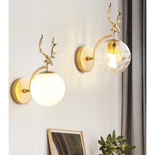 Gold Deer Head Glass Wall Lamp Nordic Modern Antlers Wall Sconce Light Fixtures Living Room Bedroom Lamp Bathroom Mirror Lights