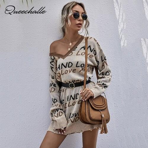 Autumn Winter V neck Knitted Sweater Dress Women Apricot Leather Print Casual Slim Oversized Long Pullovers Knitting Jumper