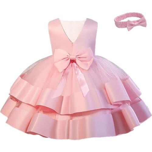 Baby girl dress elegant kids evening princess dress bow mesh cake dress with headwear 2 pieces birthday party flower girl dress