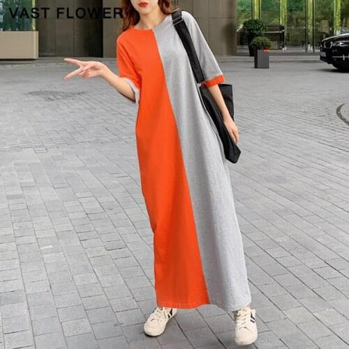 Contrast Color Summer Dress Women New Korean Plus Size Short Sleeve Loose Casual Maxi Long Dresses Fashion Elegant Clothes 2021
