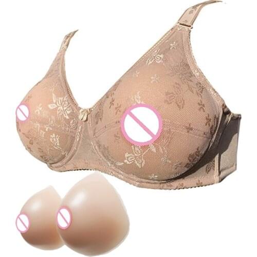 See Through Sexy Lace Pocket Bra with One Pair Silicone Breast Forms for Crossdressers Cosplay Mastectomy Ajusen