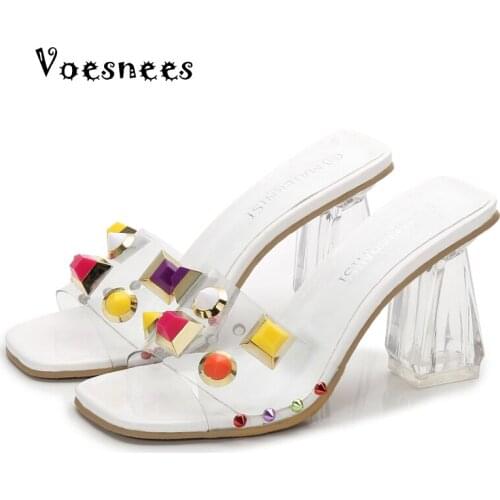 PVC Summer Clear Transparent Slippers Women Shoes Woman Mules Slides Peep Toe High Heels 8CM Slippers Female Pearl Ladies Shoes