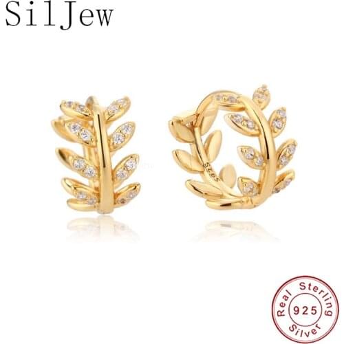 SilJew Pave CZ INS Luxury Olive Branch Leaf Stud Earrings for Women Real 100% 925 Sterling Silver Teen Gift Fine Hoop Jewelry