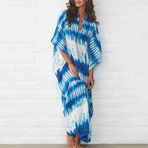 Blue Beach Dress Print Tunic Women Cover Up Sarong Women Summer Long Sleeve Swimsuit Chiffon Cover Beachwear Bathing Suit